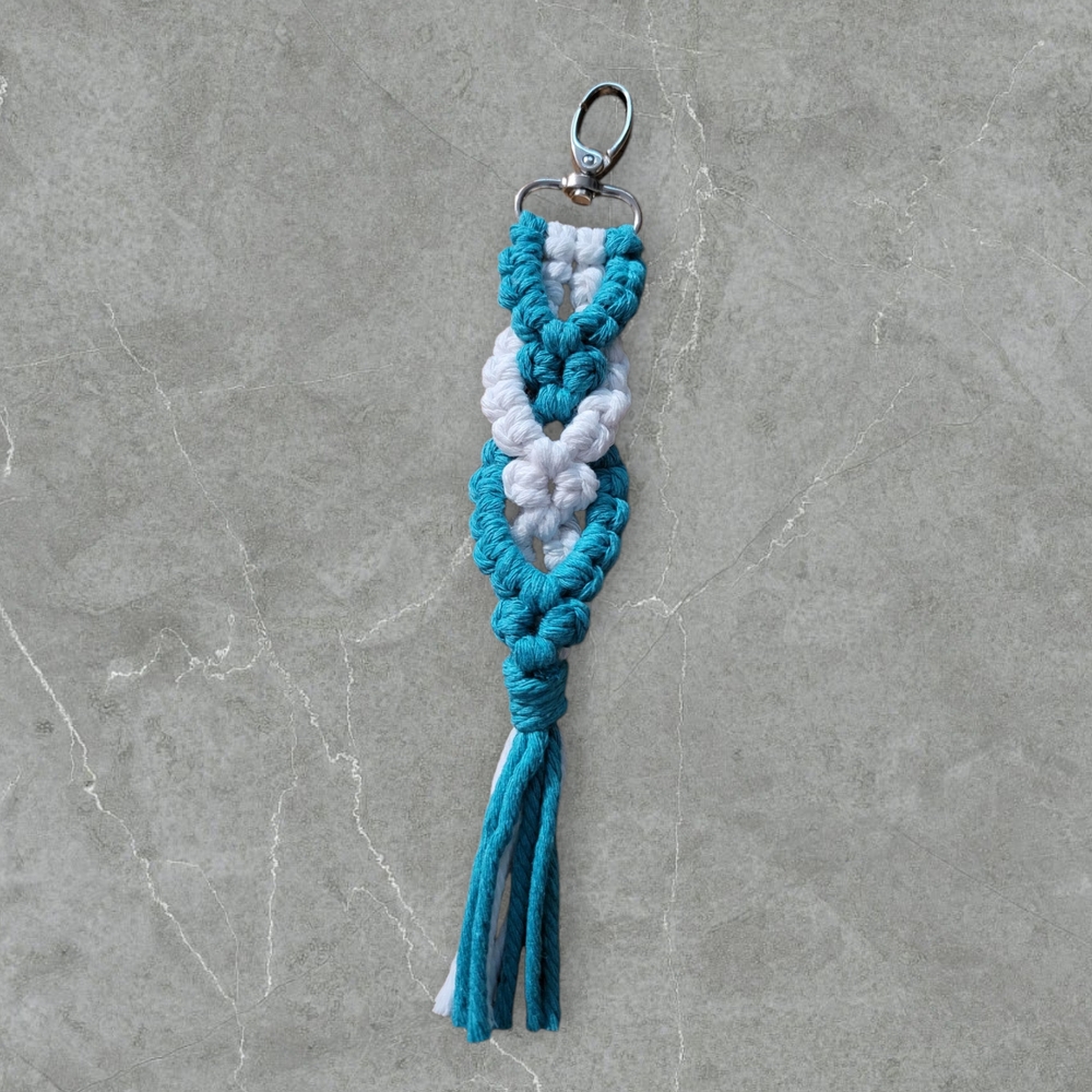 Handcrafted Teal and White Macramé Keychain